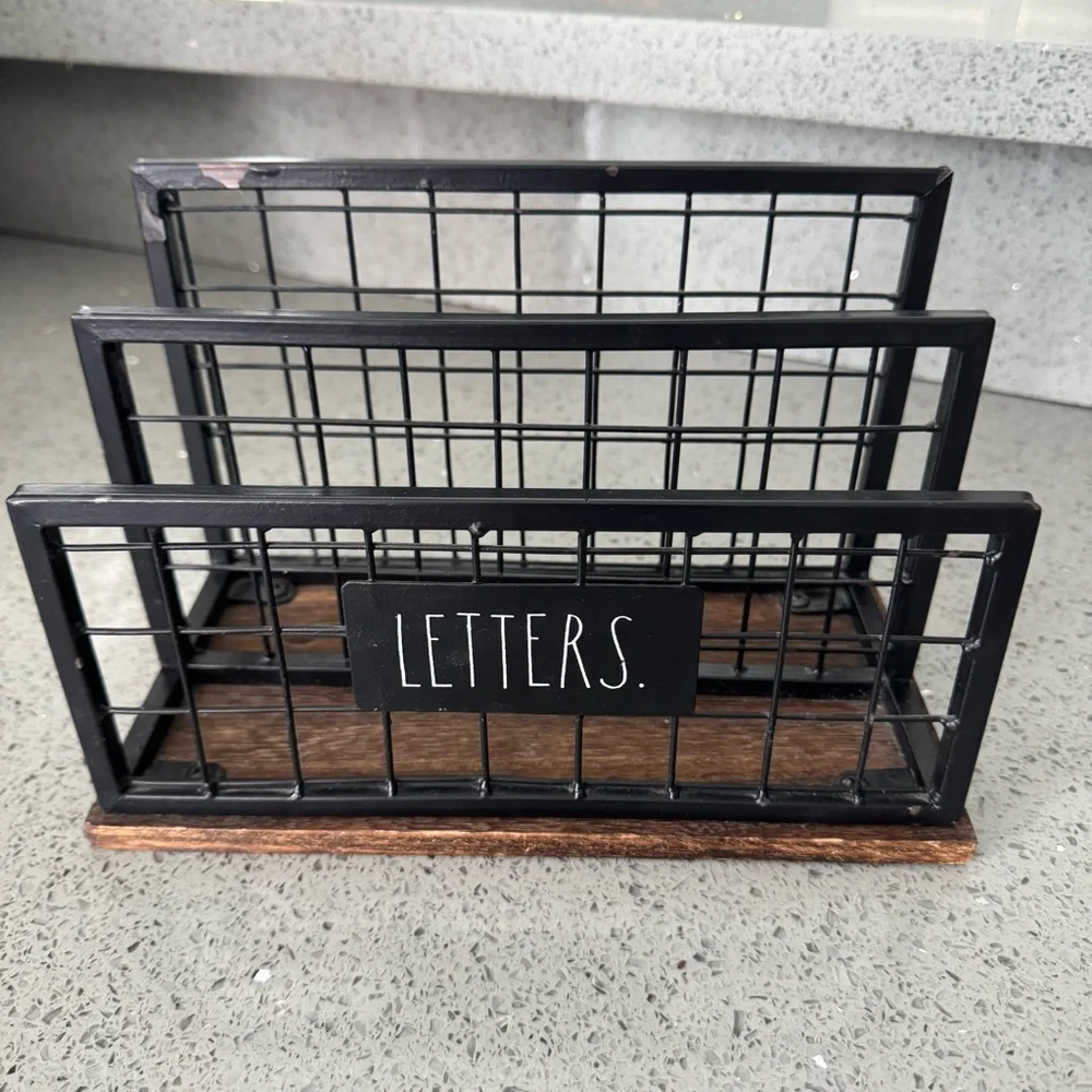 Rae Dunn Black Metal Wire Letter Holder with Wood Base